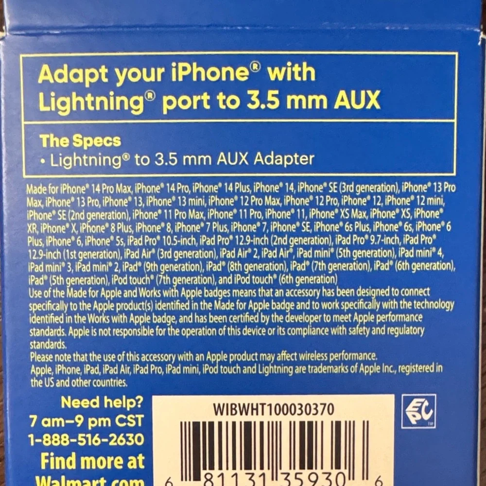 New Connect Onn. Lightning to 3.5 mm AUX Adapter for iPhone | iPad | iPod